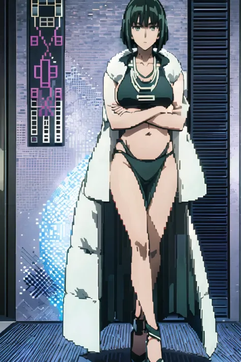 (((pixel-perfect, detail-perfect))), solo, 1girl, fubuki, fur coat, collared dress, collarbone, necklace, looking at viewer, closed mouth((( sexy pose arms above)))(( long belly)) height 198 cm (((worlds perfect shape body))) age 35