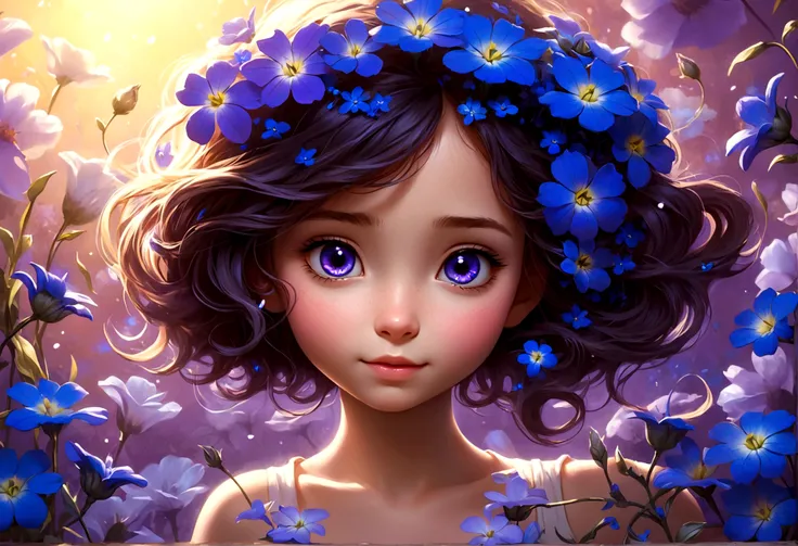 A  Cute girl in flower glow and around blue purple flowers 