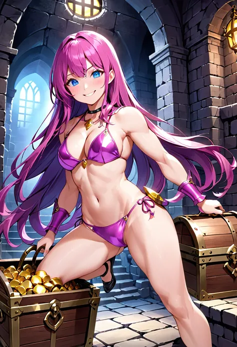 Pink metal bikini armor and helmet、blue eyes、Purple long hair、A muscular woman discovers a treasure chest in a dungeon、smile