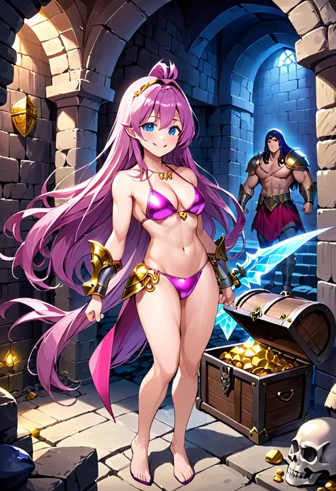 Pink metal bikini armor and helmet、blue eyes、Purple long hair、A muscular woman discovers a treasure chest in a dungeon、smile