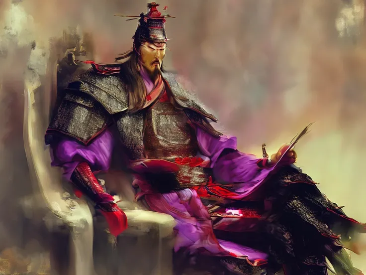 A cunning and strategic portrait of Cao Cao, a warlord from the Three Kingdoms era. He wears a royal robe with dragon patterns, a crown, and has a sharp, intelligent look. He is seated on a throne, holding a fan, surrounded by maps and scrolls.