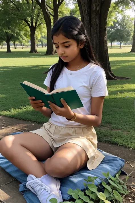 14 year old indian girl is sitting in park and reading a book 