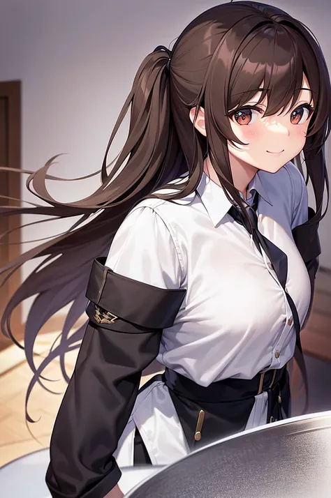 Please draw a high school girl with long brown hair.。The whole body is facing forward and smiling.。Wearing a uniform。Please make sure to capture the entire body from the head up。Please make sure your head does not get cut off from the screen.。No pose neede...