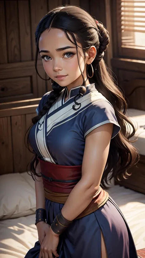 Katara, 1girl, fantasy, highres,  looking_away, looking_to_the_side,  original, realistic,   scenery,  Close-up, upper_body, smiling, action pose,on_bed,