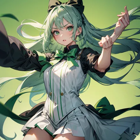 1girl、dynamic composition、((perspective lens, gray hair and light green gradient hair color, long hair、 a dynamic pose with a se...