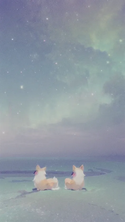 (Soft pastel colors:1.2)、Foxes staring into space、From the back、sit side by side、Attractive light blue、Surreal、Whimsical、Magical、Fantasy、dream-like、warm