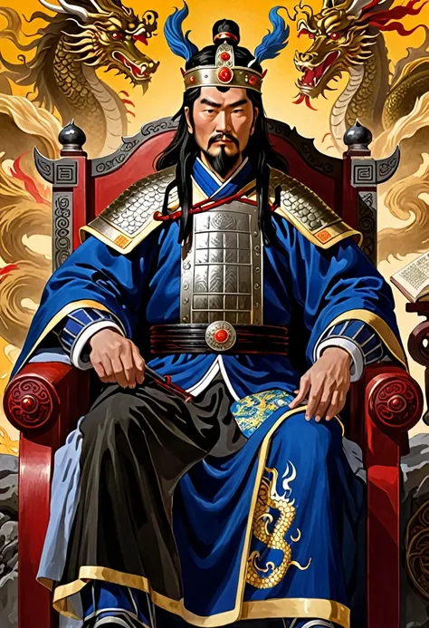 a cunning and strategic portrait of cao cao, a warlord from the three kingdoms era. he wears a royal robe with dragon patterns, ...