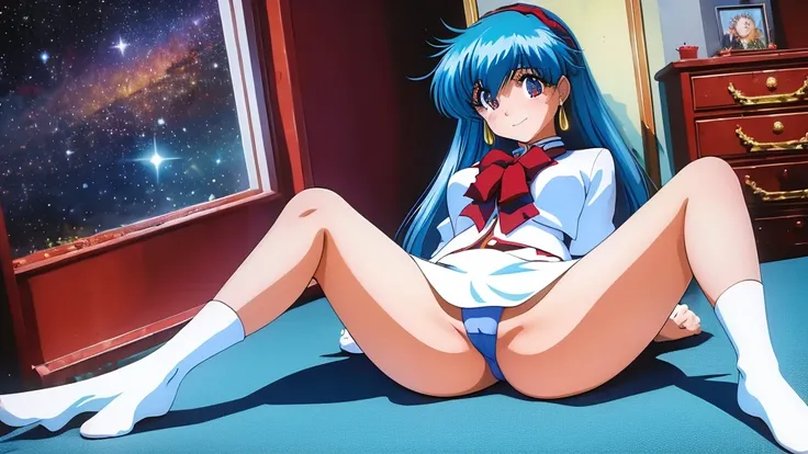 (masterpiece, Highest quality:1.2), Tiangong Gui ，1 Girl, alone,Beautiful blue hair color，In the room，smile，Christmas decorations，surrounded by Christmas presents,((Spread your legs and raise them:1.3))((White panties)),
