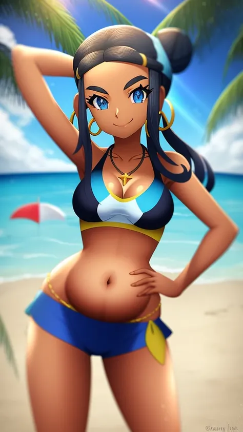 nessa \(pokemon\), beach, 1girl, solo, cowboy shot, standing, looking at viewer, smile, closed mouth, hand in own hair, hand on ...