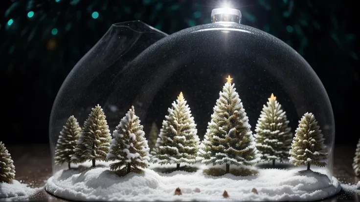 cinematic film still  a miniature tabletop a pleasant christmas time canada landscape, snow, trees, christmas shop, glowing unde...