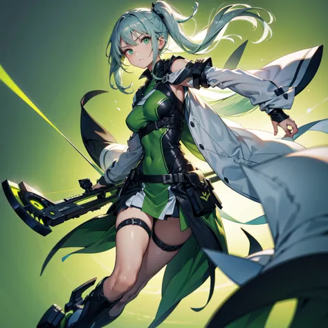 1girl、Dynamic composition、((Perspective Lens, Gray hair and light green gradient hair color, Long Hair、 A dynamic pose with a serious and determined expression, Holding a large crossbow and pulling it towards the viewer )) 、((Pure Green Background:1.2)),Lo...