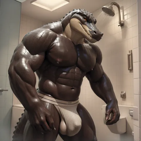 uploaded on e621.net, (best quality, masterpiece, highres, HD, 16k, textured skin)+, (ultra realism shading, photorealistic)+++, anthro, (alligator)+, big muscles, beefy, male focus, male, gay, handsome, (male solo)++, bathroom, standing, showering, cock, ...