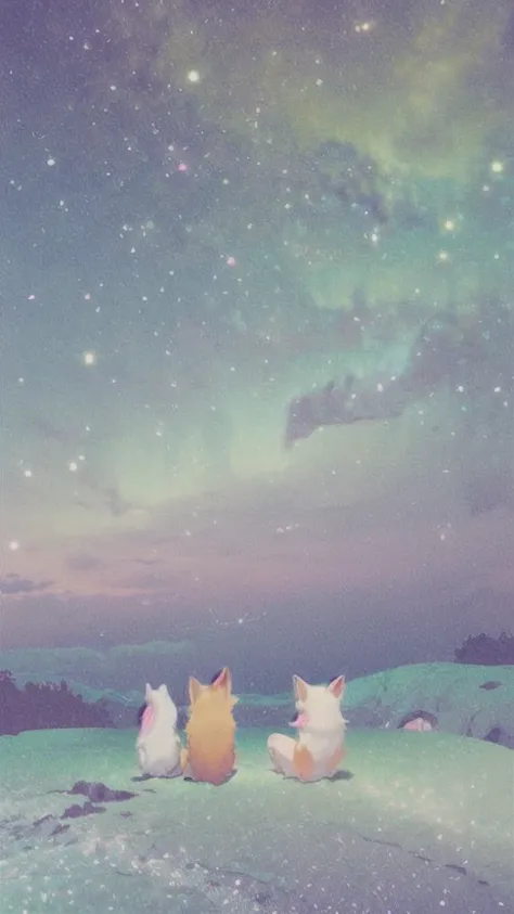 (soft pastel colors:1.2)、foxes staring into space、from the back、sit side by side、attractive light blue、surreal、whimsical、magical...