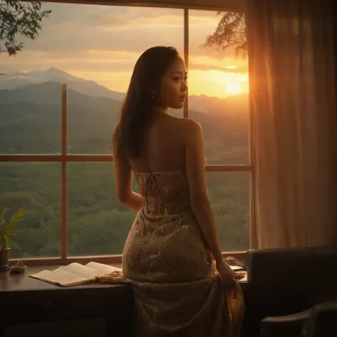 cinematic film still of  warm light,a sunset with a tree and mountains in the background,warm lighting style, young asian female model, perfect body, sleeveless dress, bedroom, desk, messy room, realistic, looking at viewer, window, pretty, arms behind bac...