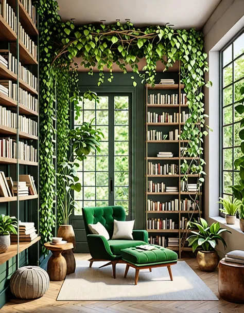 a cozy reading nook adorned with lush green plants. the nook features a comfortable armchair, a small side table stacked with bo...