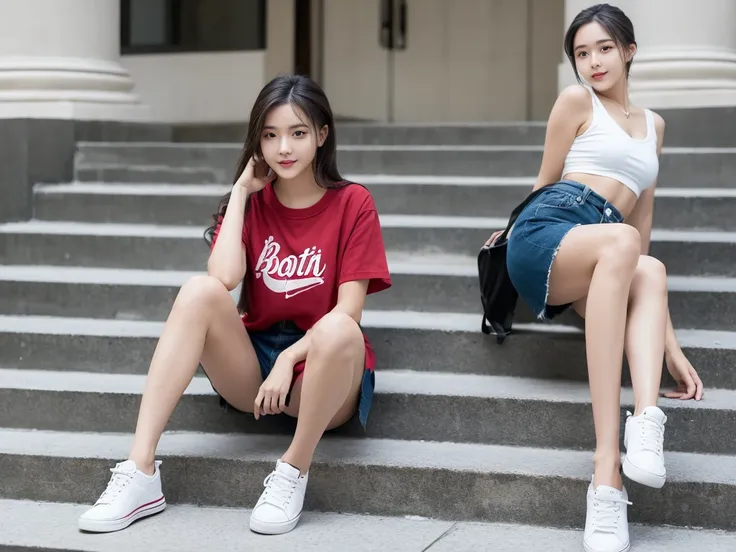 solo woman sitting on steps with her legs spread,exposed thighs, in shorts, her tiny hands are on her thighs, booty shorts, legs...