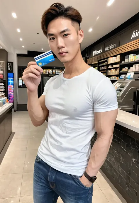 ai big breasts_human　asian　male　wild　muscular　short hair　short hair　plain white t-shirt　holding credit card