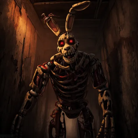 a creepy decrepit animatronic bunny rabbit, highly detailed, disturbing and sinister expression, glowing red eyes, sharp teeth, ...