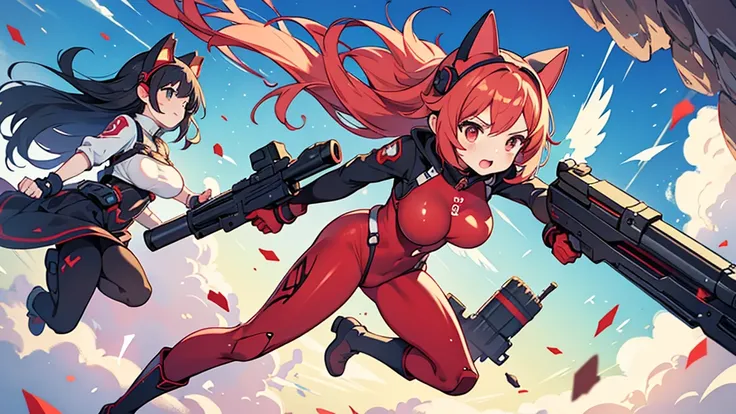 Anime style,(2people),battle loli girl,up in the sky,
mechanical cat ears shaped headgear,big breasts,red battle bodysuit,boots,holding Gun that shoots white ink,
flying and Floating in the air to fight,