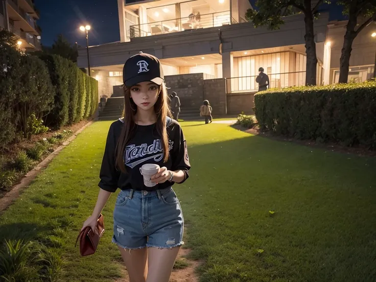 1 beautiful girl，Walk on the field path，night，With a baseball cap，It&#39;s drizzling，Back