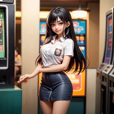 happy and smile, indonesian girl wearing high , teasing you, waiting customer play, work as casino customer service, standing in between slot machine