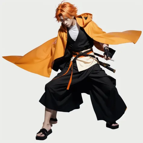 Boy, light orange hair, light orange cloak with white triangles on it, black pants, yellow glowing eyes, katana on his waist, Zenitsu Agatsuma