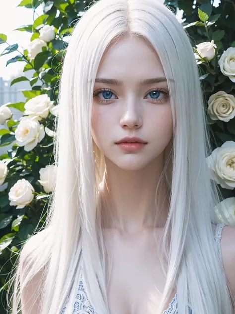 Long white hair, blue eyes, serious features, white skin, loose style, in a garden, with flowers 