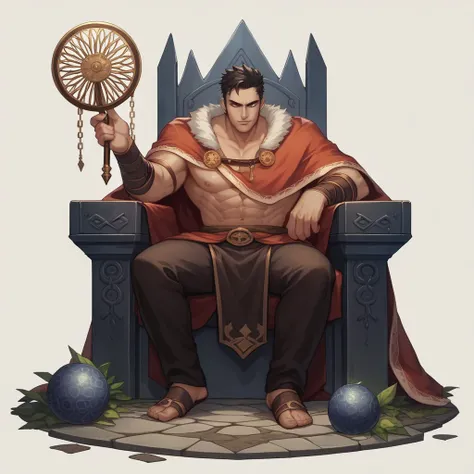 A cunning and strategic portrait of Cao Cao, a warlord from the Three Kingdoms era. He wears a royal robe with dragon patterns, a crown, and has a sharp, intelligent look. He is seated on a throne, holding a fan, surrounded by maps and scrolls.