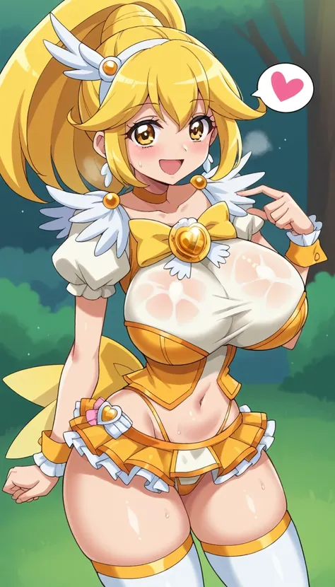 score_9, score_8_up, score_7_up, outdoor,
BREAK
source_anime, 
BREAK
1girl, curepeace, yellow hair, elect big nipple, huge breasts, happy,  spoken heart, 
yellow magical girl, navel, wing hair ornament, cropped top, frilled wrist cuffs, friled skirt, thigh...