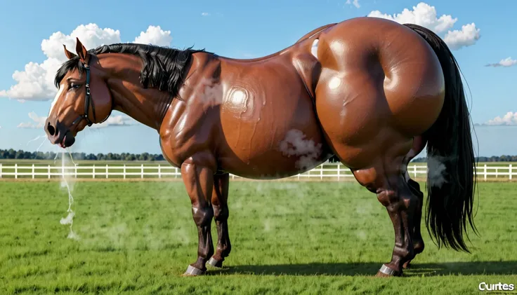 big  Belgian draft horse  mare (side view). massive bum. very short tail. horse facing horizon .   flat grass meadow. steaming horse dung behind horse.   cloudless blue sky.  