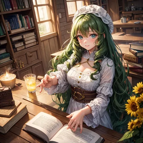 Girl at the table, 25 years, long curly brown hair, bright green eyes, who glow with warmth and enthusiasm 
, looks straight, slim build. In the hands of a book