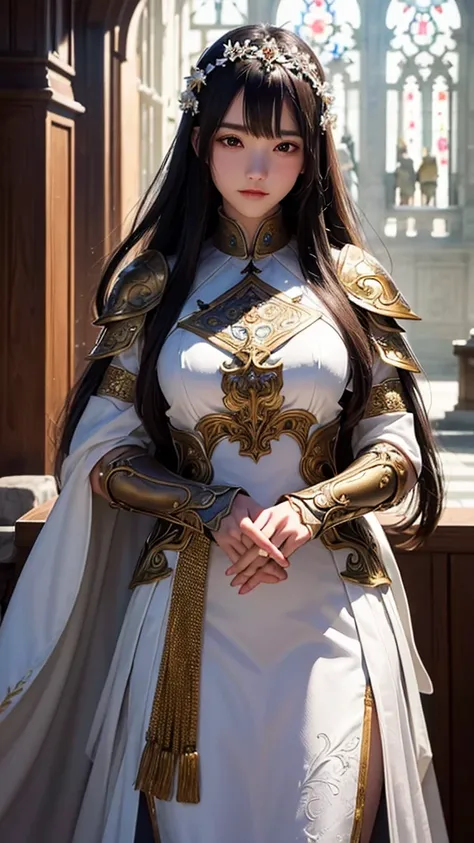 She has short dark brown hair and brown eyes.、Beautiful portrait of an elegant woman。She is clad in magnificent iron plate armor and chainmail.。Underneath the armor she wears a white gown。Holding a sword in both hands、Symbolizes strength and purity。The bac...