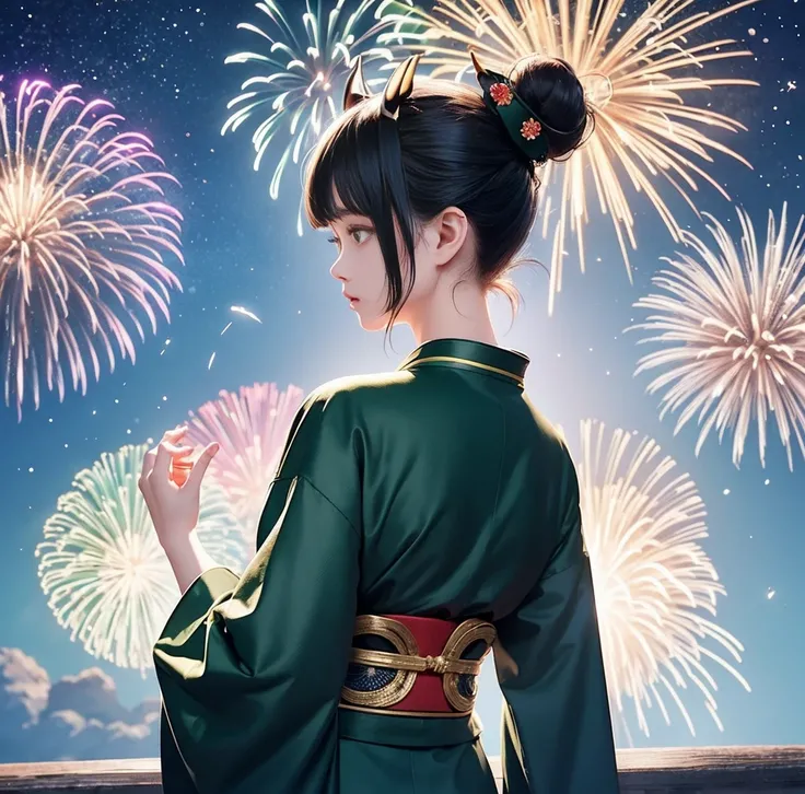 1 person、Green gorgeous kimono、,race,Black Hair、Short bun hair、hair ornaments、necklace、back、Golden devil horns、Anatomically correct,Fireworks in the night sky、