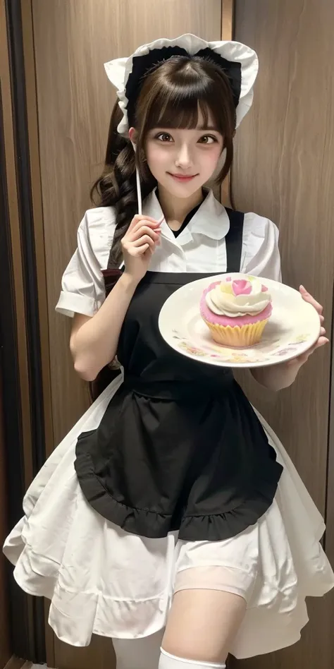 anime girl in maid outfit holding a plate with a cupcake, anime girl in a maid costume, maid outfit, anime cat girl in a maid co...