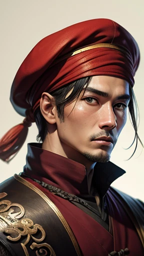 alone、Oriental、Man in ancient Chinese costume、Highest quality、masterpiece、Ultra-high resolution、(Realistic:1.4)、Game Poster、Crisp and beautiful image quality、Nasal hair,Ancient Chinese hairstyle with a large plain white beret loosely covering the head like...