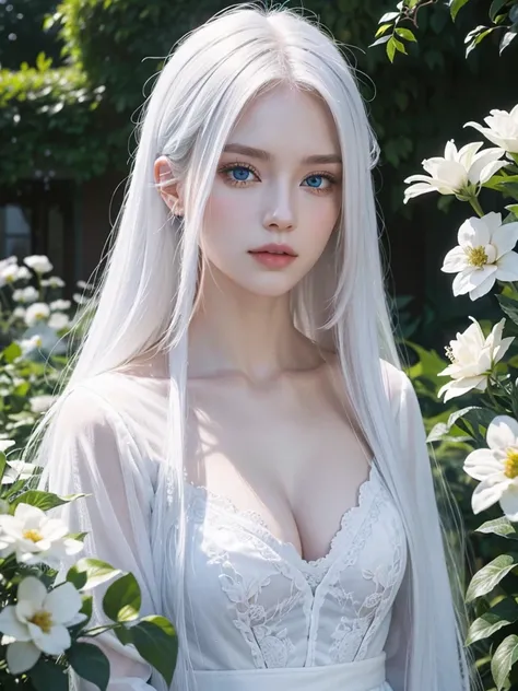 Long white hair, blue eyes, serious features, white skin, loose style, in a garden, with flowers 