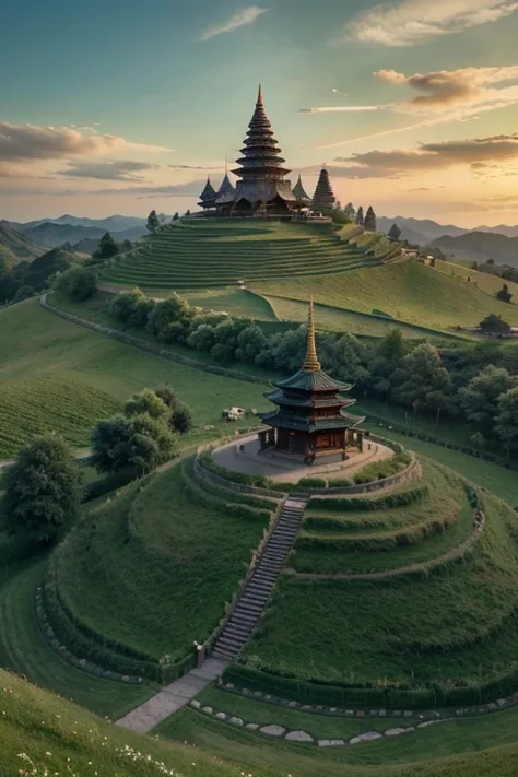 arafed view of a hill with a pagoda on top, grass spiral mountain landscape, amazing landscape, green hills, really beautiful nature, grassy hills, beautiful place, beautiful nature, breathtaking landscape, grass mountain landscape, the most beautiful land...