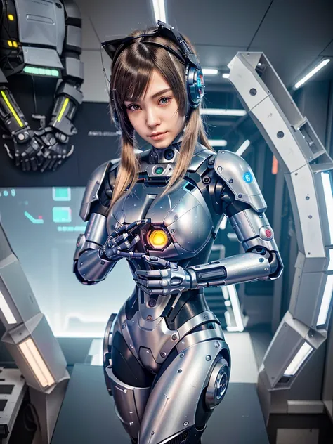 a close up of a person in a futuristic outfit holding a cell phone, fully robotic!! catgirl, biomechanical oppai, anime manga robot!! anime girl, oppai cyberpunk, cyberpunk anime girl mech, girl in mecha cyber armor, cute cyborg girl, anime cyborg, cyber s...