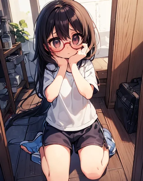 Sitting down、Sitting on the floor、(big round glasses:1.3)、(Timid girl、sorrow、blush、Watery eye:1.2)、Long black hair、White short sleeve shirt、Navy blue shorts、(Gym suit)、  body、Flat body