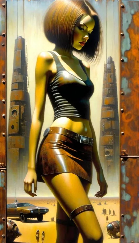 advertising signs in the desert, rusty smooth metal panels with screwed and welded parts, a girl in a leather miniskirt and tight tank top, pronounced nipples, in the distance you can see a futuristic city (art inspired by Dave Mckean, details intricate, o...