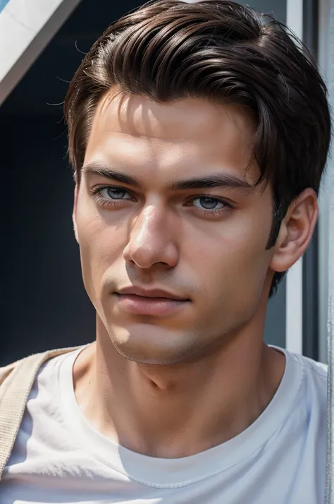 A photograph of spider man, no mask, 20 yo, handsome, detailed face, looking at camera, portrait, 8k uhd, high quality