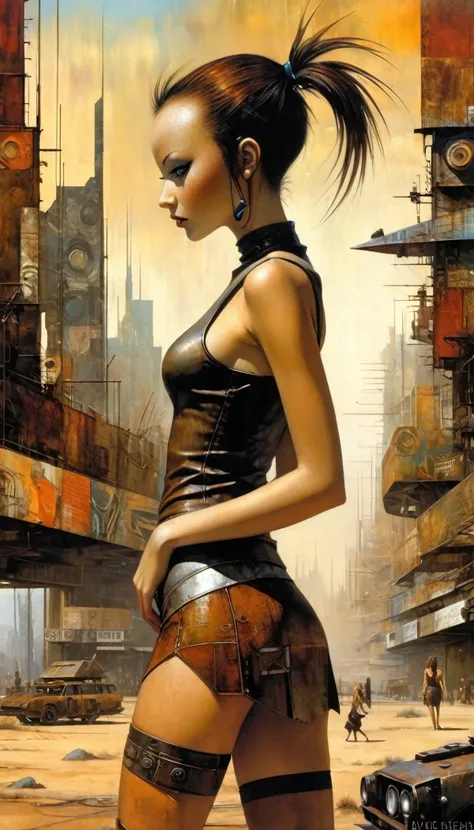 advertising signs in the desert, rusty smooth metal panels with screwed and welded parts, a girl in a leather miniskirt and tight tank top, pronounced nipples, in the distance you can see a futuristic city (art inspired by Dave Mckean, details intricate, o...