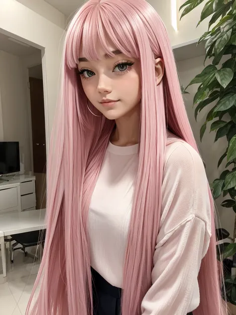 beautiful girl pink long hair .