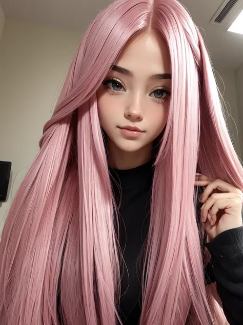 beautiful girl pink long hair .