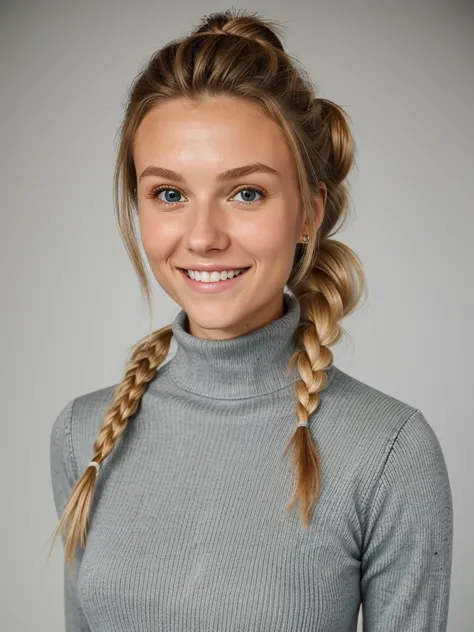 photo of a skinny blonde teen submissive wife messy long hair thrown into a messy bun ponytail. She wears: (turtleneck high ribbed bright tight sweater:1.1), submissive seductive pose, high tight ribbed neck, seductive smile, perfect fake tits, turtleneck ...