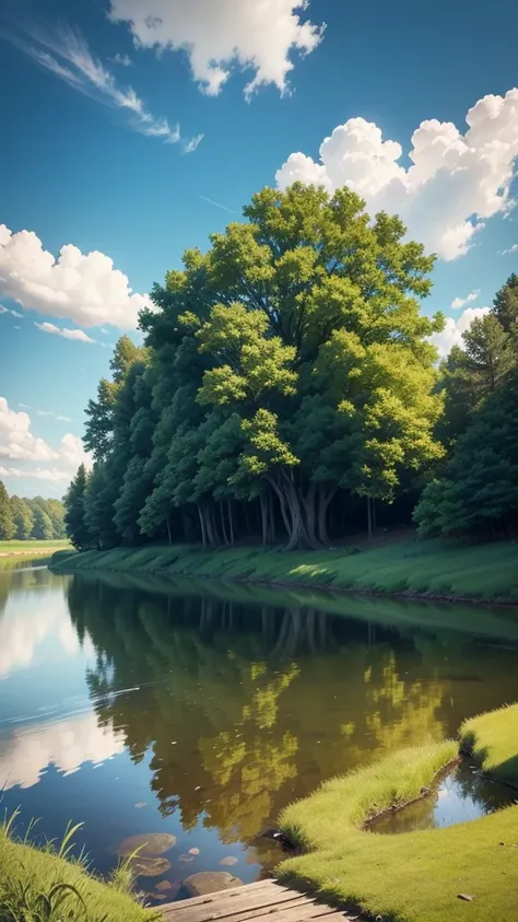 
Style: Realistic anime

Subject: A peaceful landscape with a river winding through lush green grass.

Details:

Tall, vibrant green grass stretches along the riverbank, swaying gently in the breeze.
The river is clear and calm, reflecting the blue sky and...