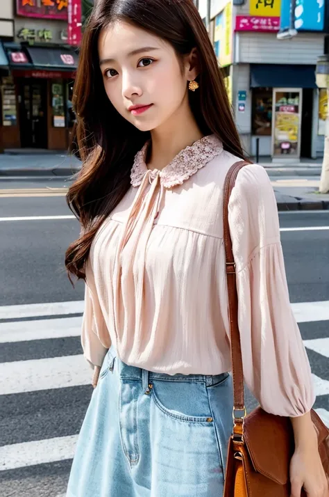 ((Highest quality)), ((masterpiece)), (detailed), Japanese,Street Corner,Beauty,OL,cute,blouse