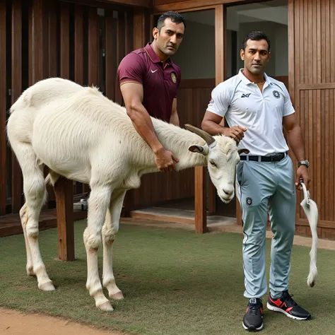 Ms dhoni stand with a goat