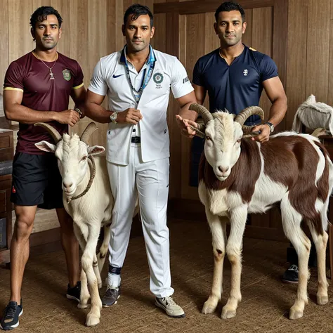 Ms dhoni stand with a goat