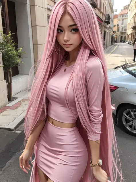 beautiful girl pink long hair . sexy outfit